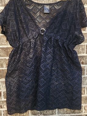 Black Crochet V-Neck Tunic with Ring Detail